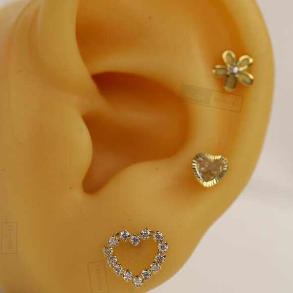 14K Solid Gold Heart Stud Earrings With Zirconia • Fine Jewelry. - Picture 6 of 6